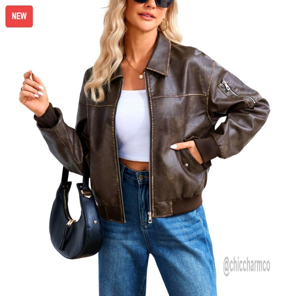 Faux Leather Motorcycle Jacket Zip Up Bomber Coat Women's Outerwear